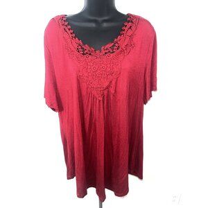 Tralibee Womens Size 2X Blouse Short Sleeve Red Crochet Neck Accent  Stretch